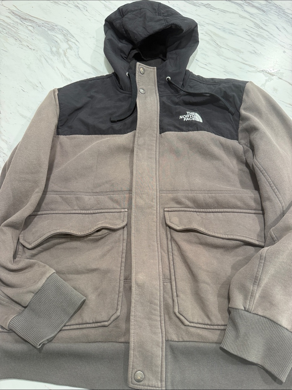 The North Face Hooded Two-Tone Puffer Jacket in Taupe and Black